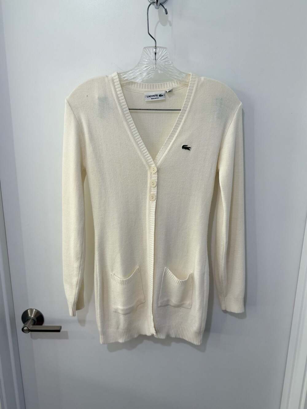 Lacoste Women's Regular Fit Organic Cotton V-Neck Cardigan White